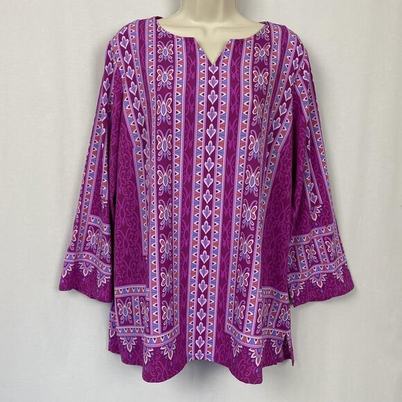 Bob Mackie Wearable Art Tunic Top Womens Large Purple Bandana Print Flowy Boho - Picture 1 of 13